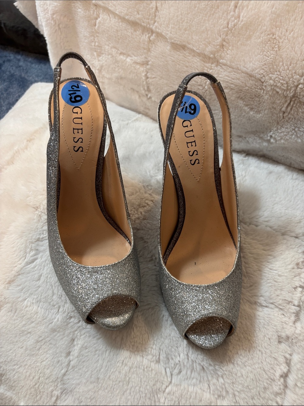 GUESS Silver Glitter Peep-Toe Slingback Pumps